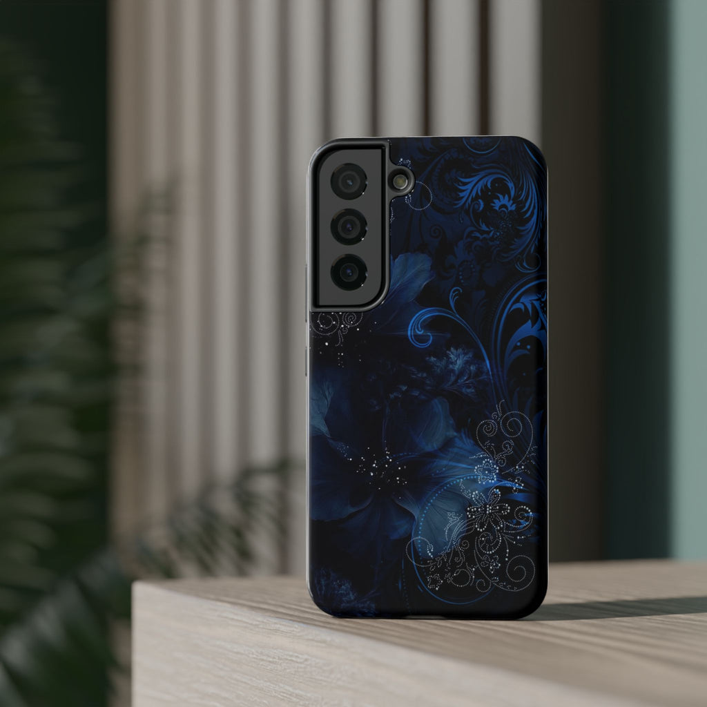 Y2K Dark Blue Glitter Floral Phone Case Impact-Resistant Cases