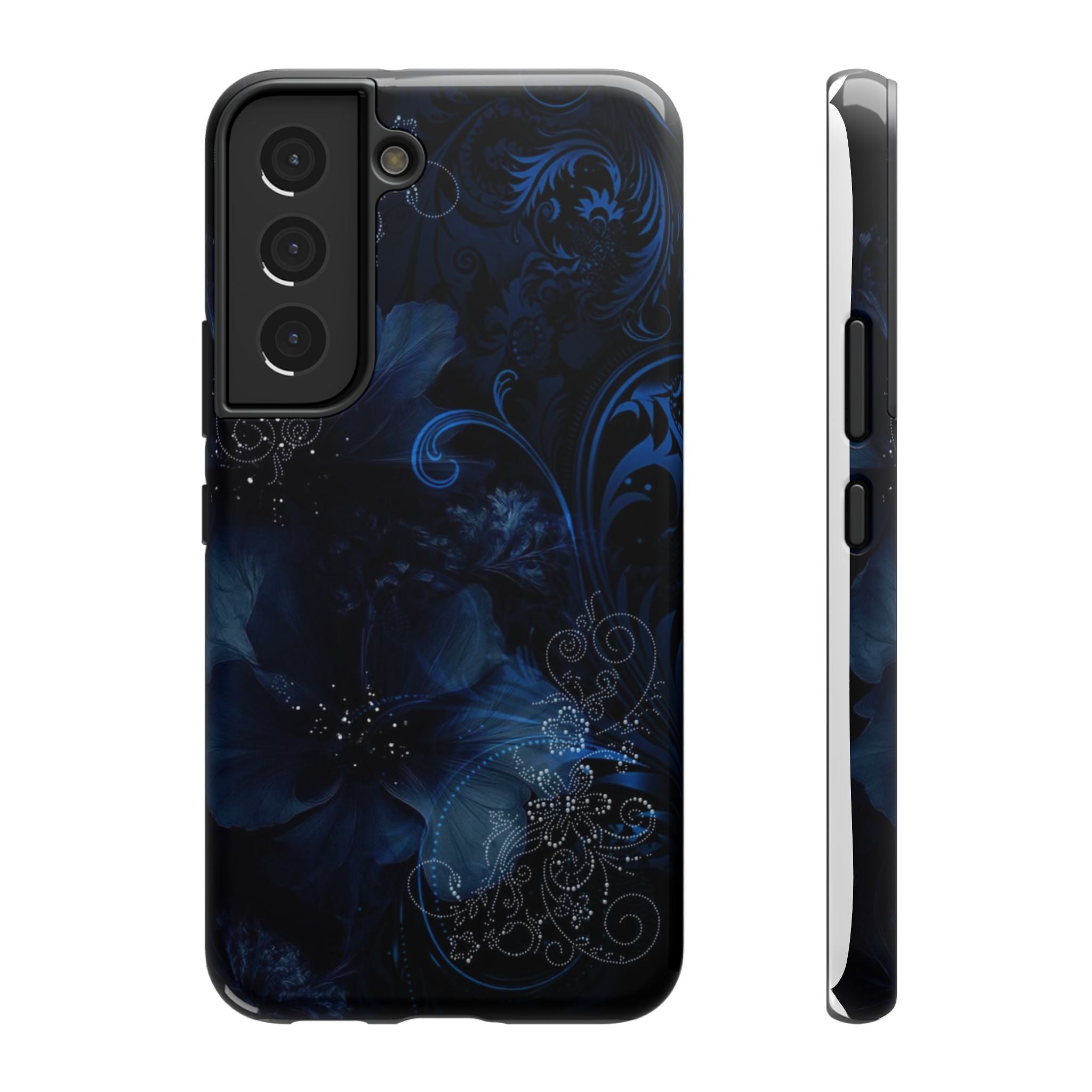 Y2K Dark Blue Glitter Floral Phone Case Impact-Resistant Cases
