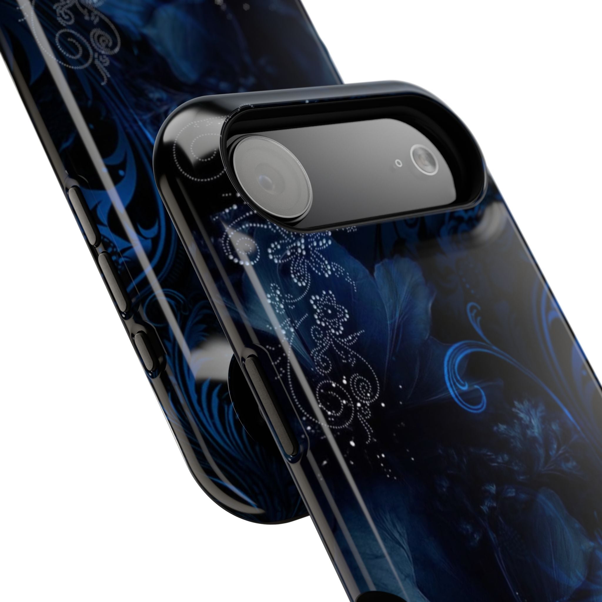 Y2K Dark Blue Glitter Floral Phone Case Impact-Resistant Cases