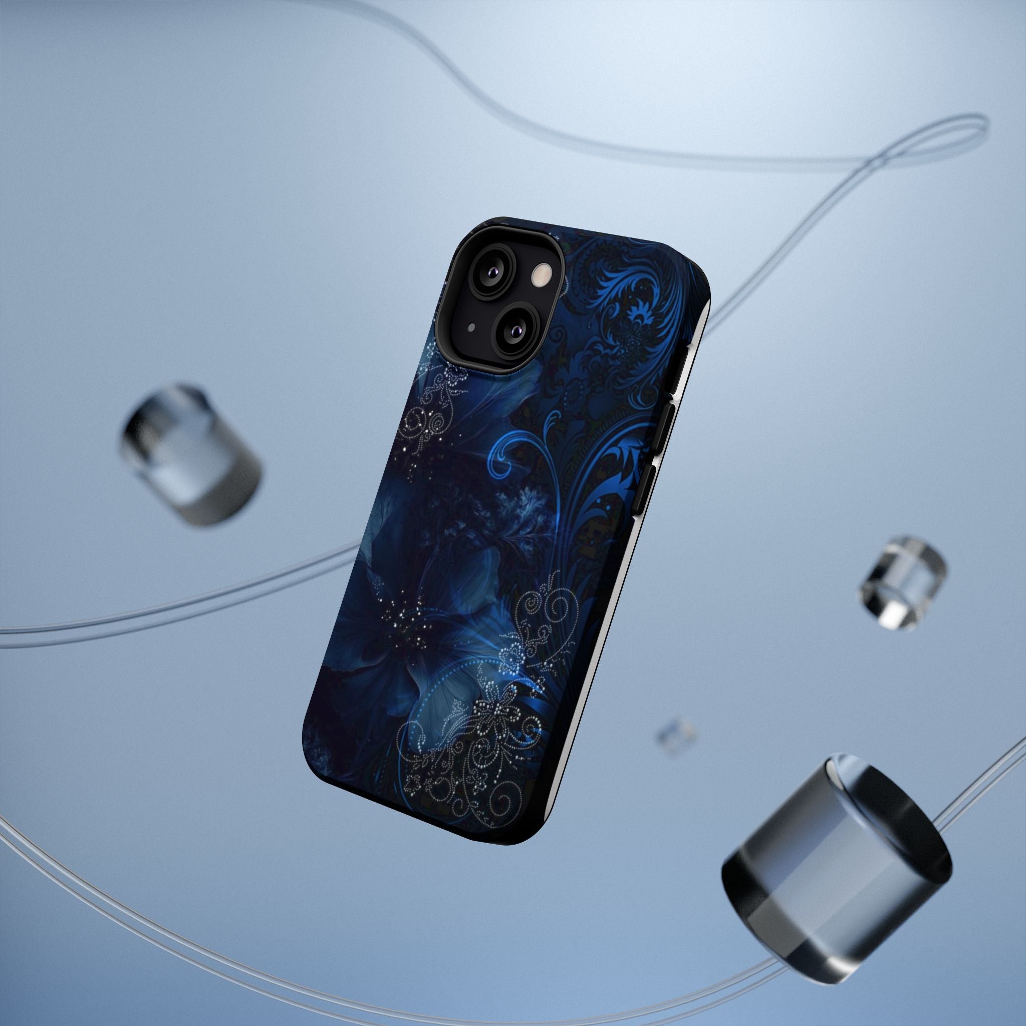 Y2K Dark Blue Glitter Floral Phone Case Impact-Resistant Cases
