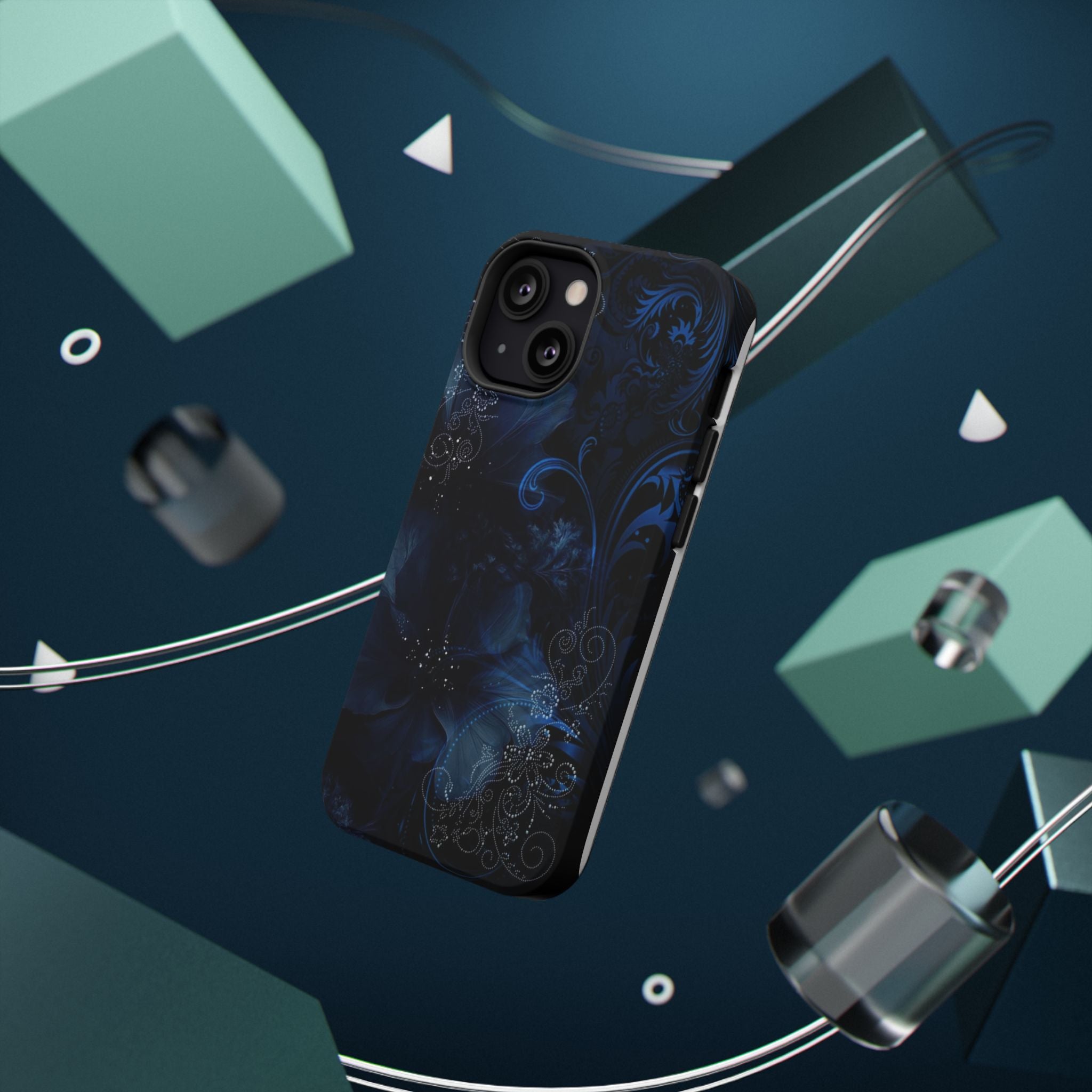Y2K Dark Blue Glitter Floral Phone Case Impact-Resistant Cases