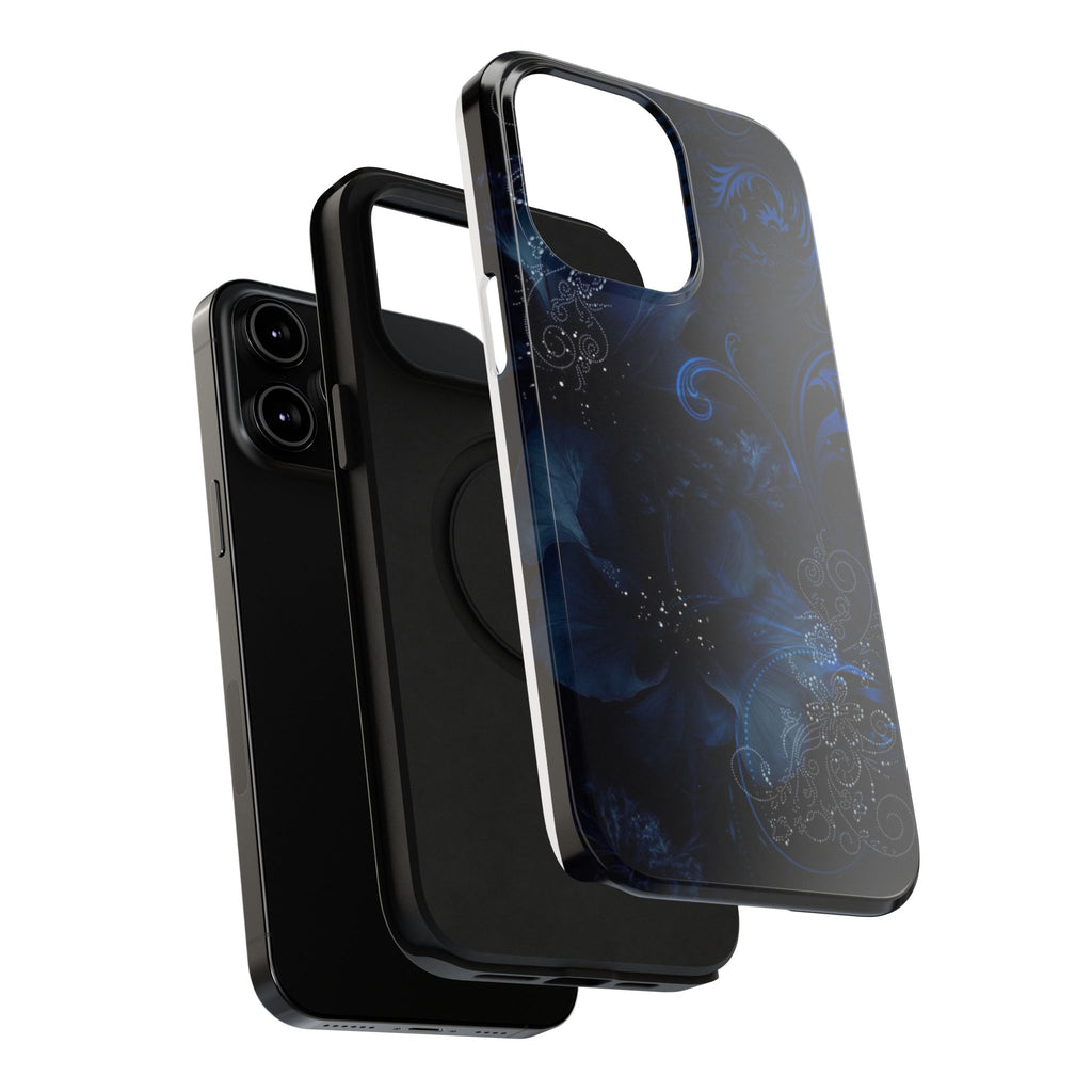 Y2K Dark Blue Glitter Floral Phone Case Impact-Resistant Cases