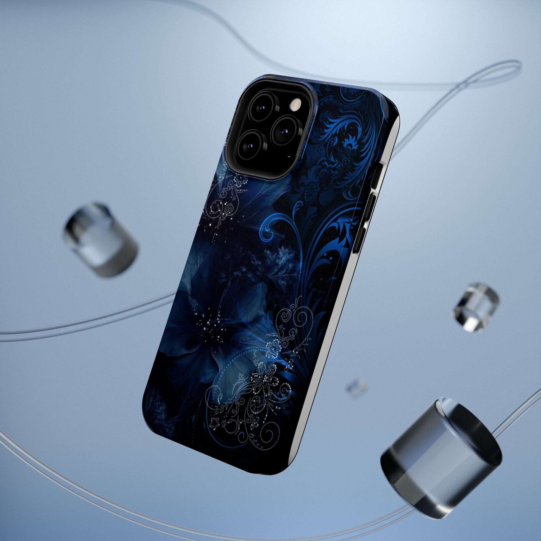 Y2K Dark Blue Glitter Floral Phone Case Impact-Resistant Cases