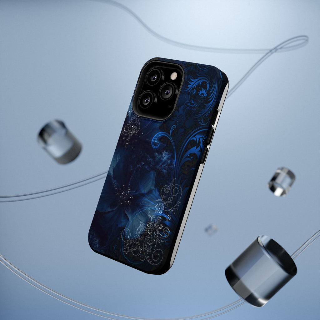 Y2K Dark Blue Glitter Floral Phone Case Impact-Resistant Cases