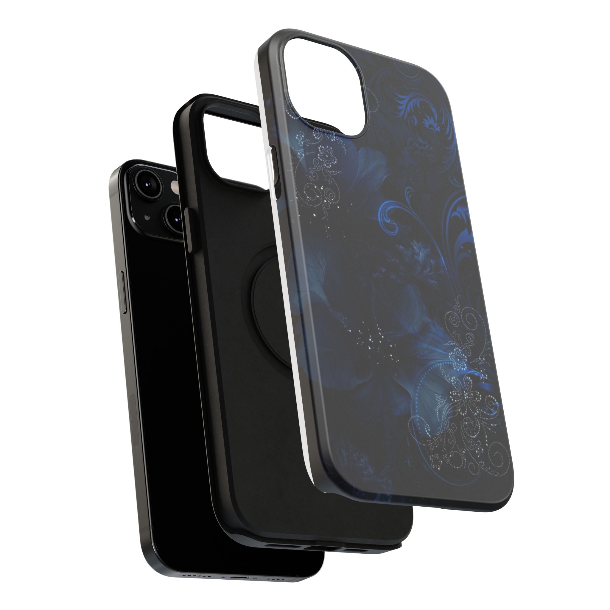 Y2K Dark Blue Glitter Floral Phone Case Impact-Resistant Cases