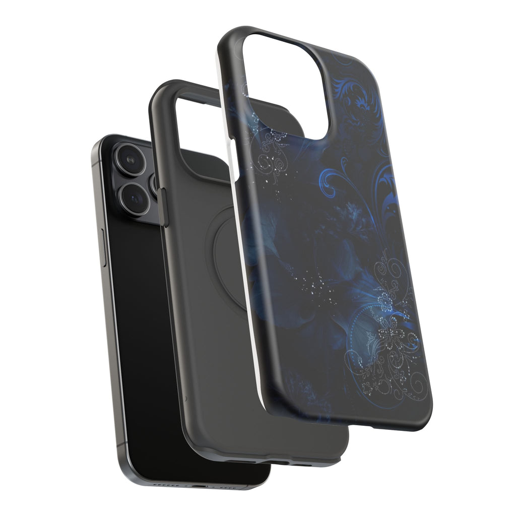 Y2K Dark Blue Glitter Floral Phone Case Impact-Resistant Cases