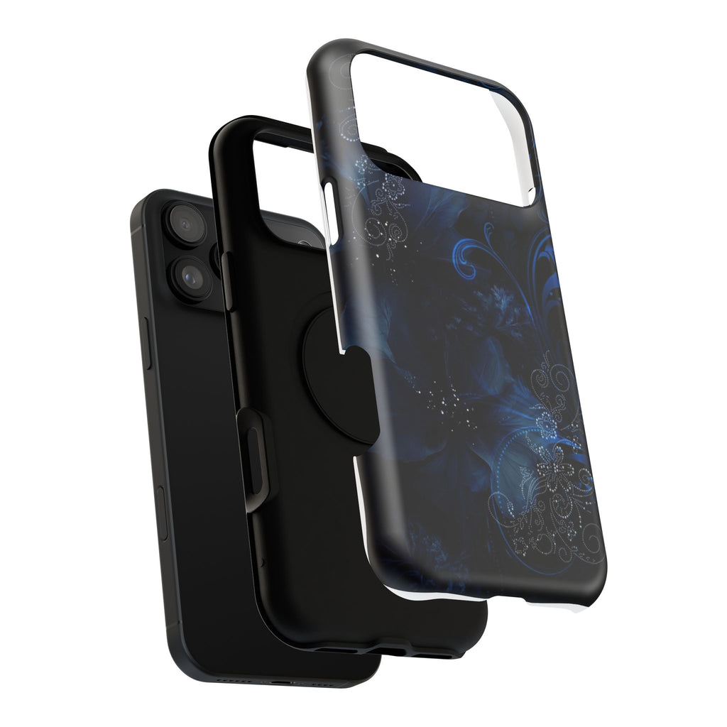 Y2K Dark Blue Glitter Floral Phone Case Impact-Resistant Cases