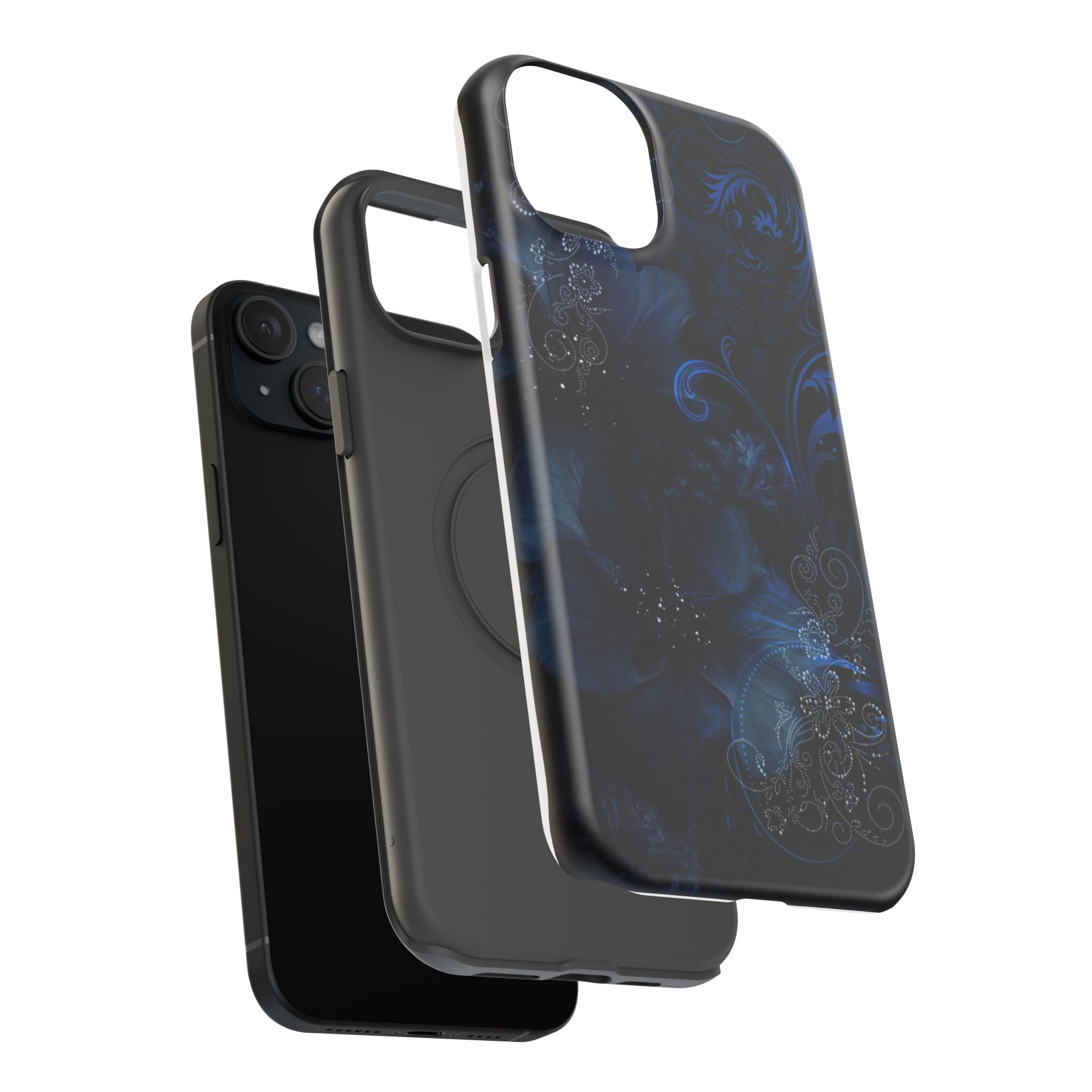 Y2K Dark Blue Glitter Floral Phone Case Impact-Resistant Cases