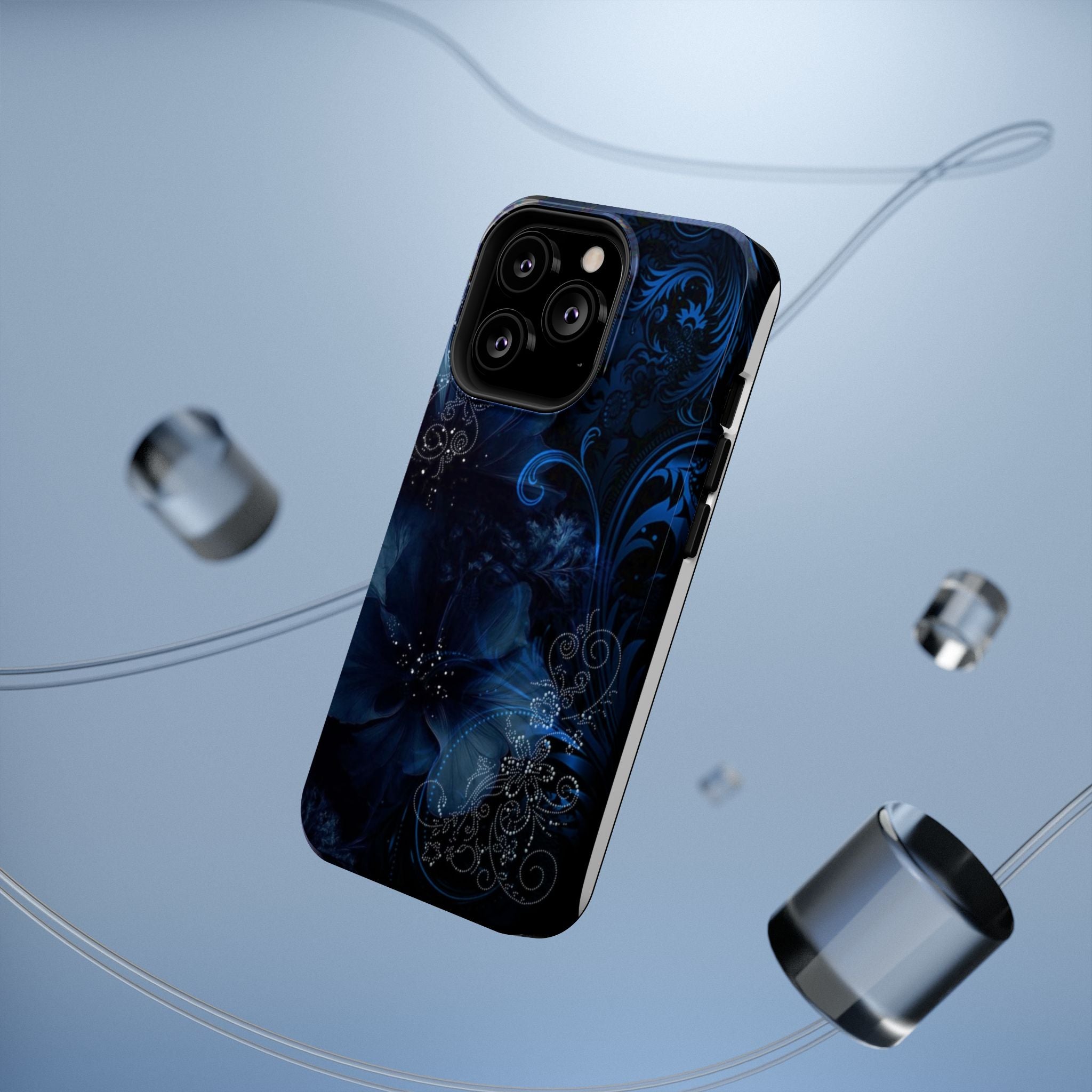 Y2K Dark Blue Glitter Floral Phone Case Impact-Resistant Cases