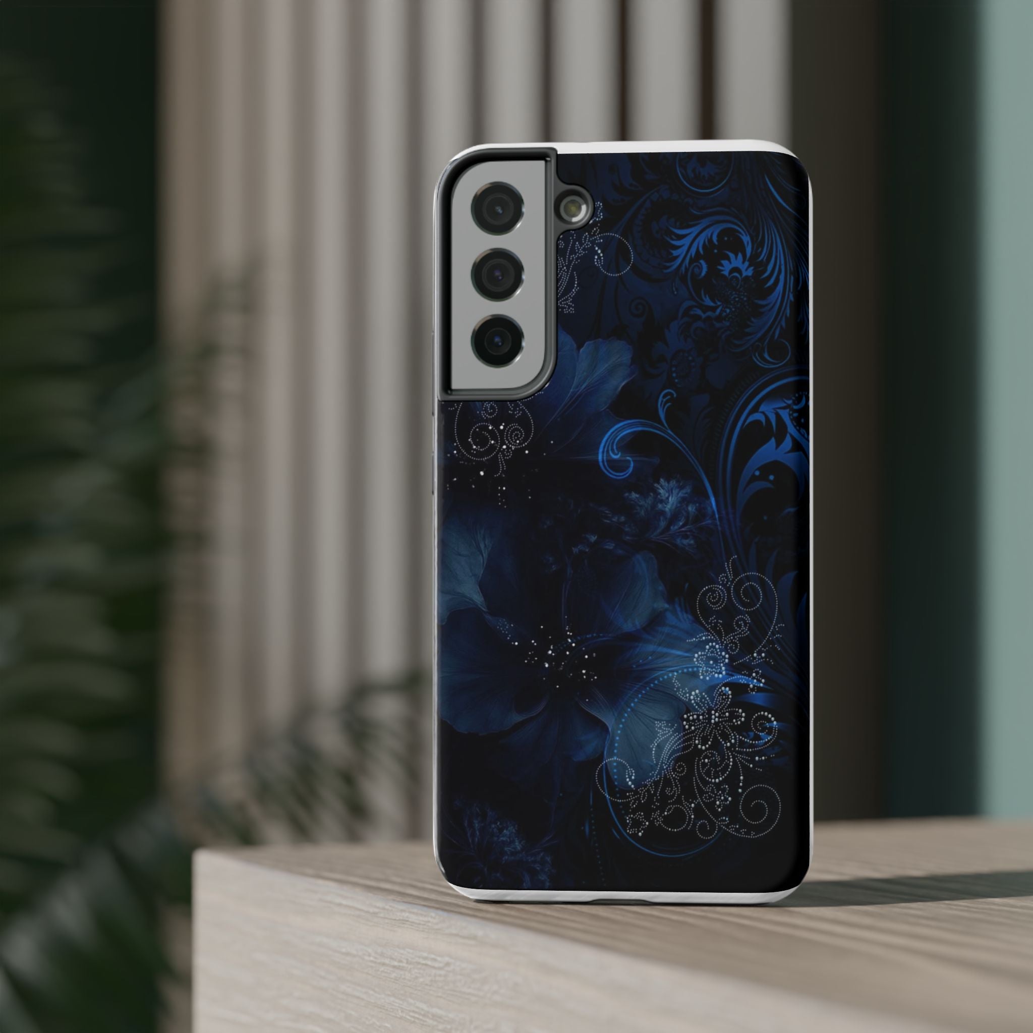 Y2K Dark Blue Glitter Floral Phone Case Impact-Resistant Cases