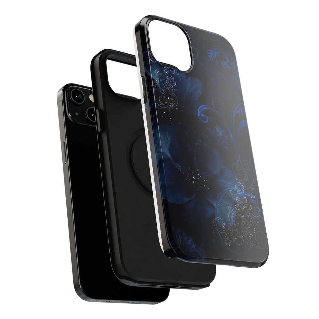 Y2K Dark Blue Glitter Floral Phone Case Impact-Resistant Cases