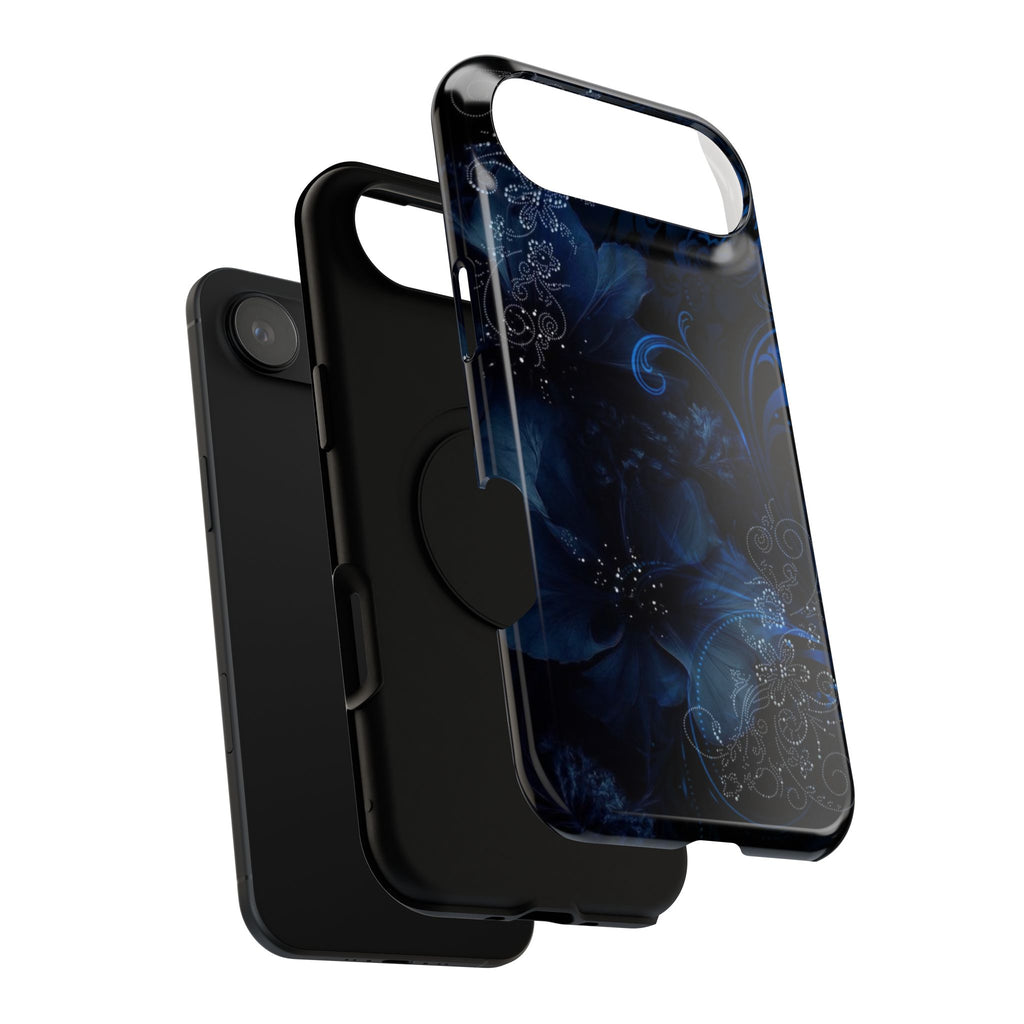 Y2K Dark Blue Glitter Floral Phone Case Impact-Resistant Cases