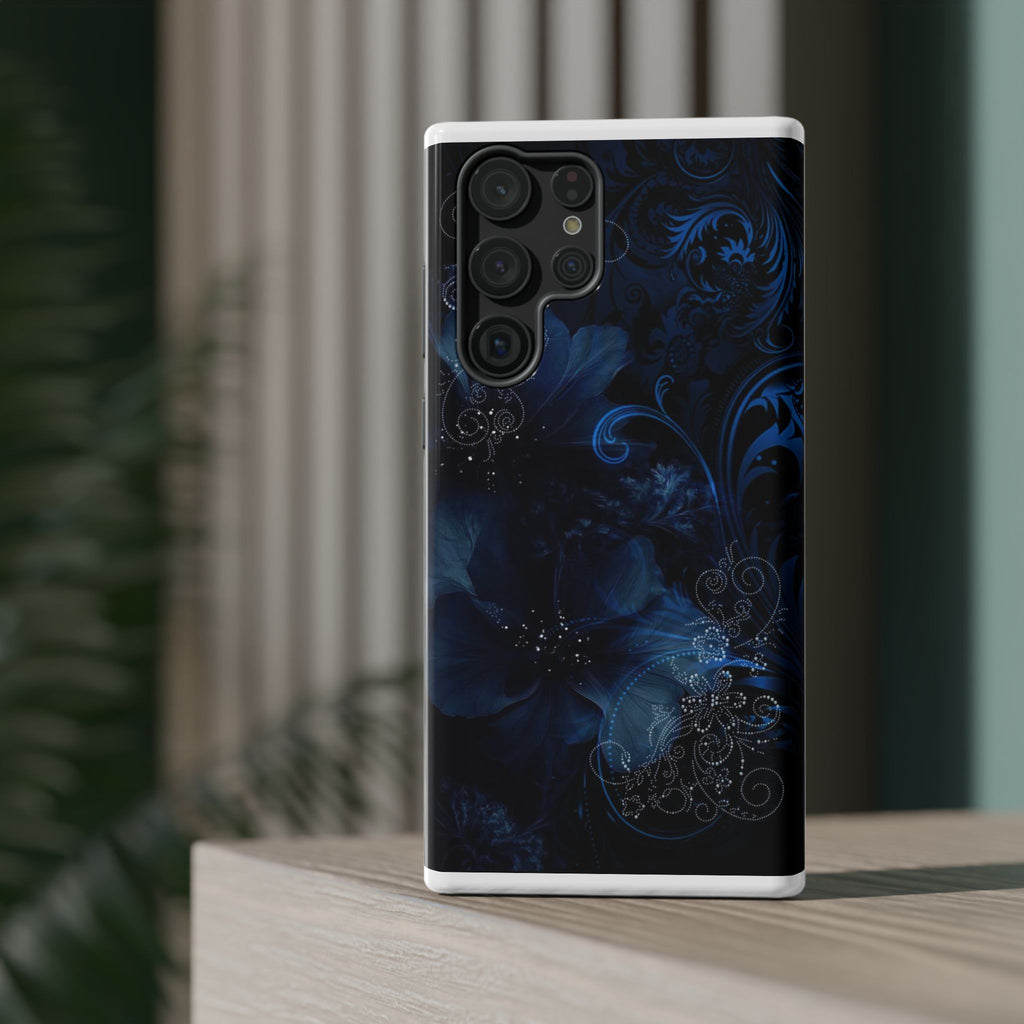 Y2K Dark Blue Glitter Floral Phone Case Impact-Resistant Cases