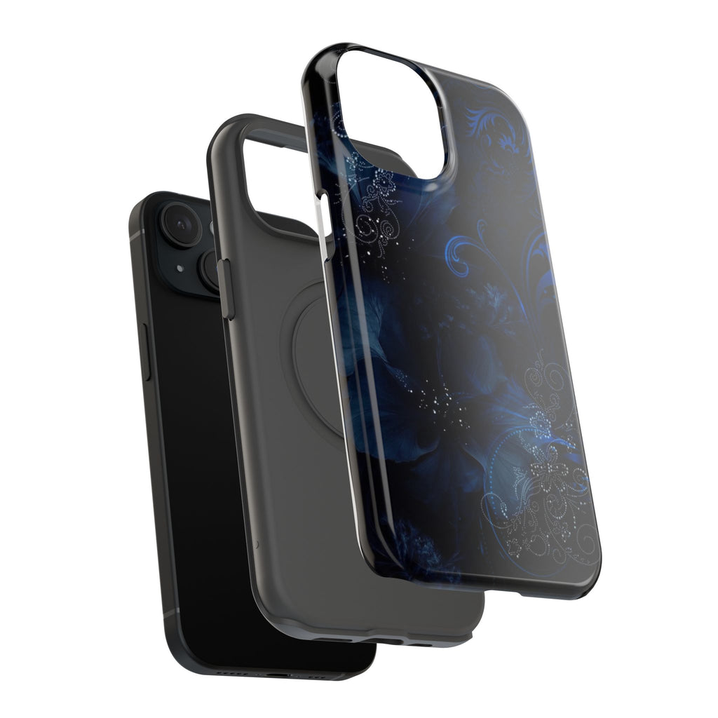 Y2K Dark Blue Glitter Floral Phone Case Impact-Resistant Cases