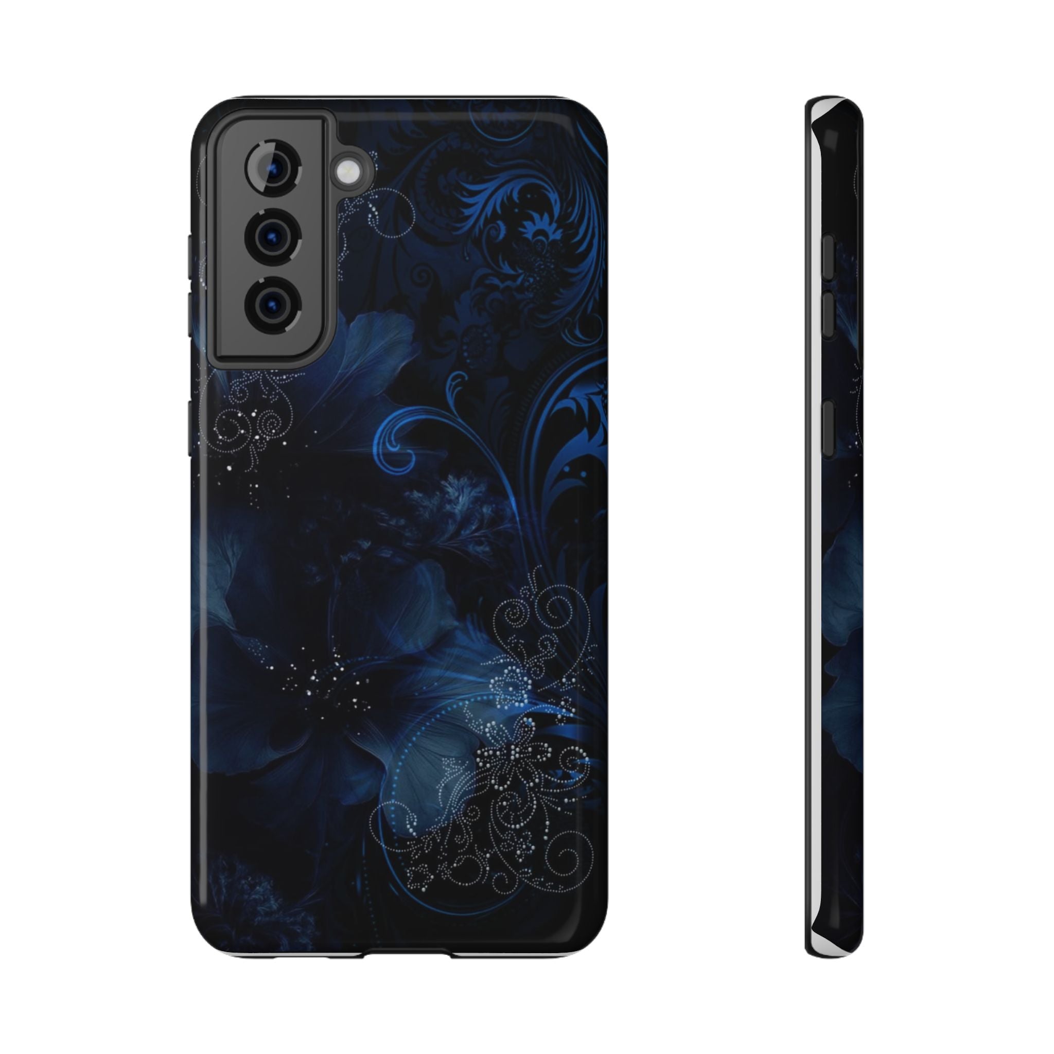 Y2K Dark Blue Glitter Floral Phone Case Impact-Resistant Cases