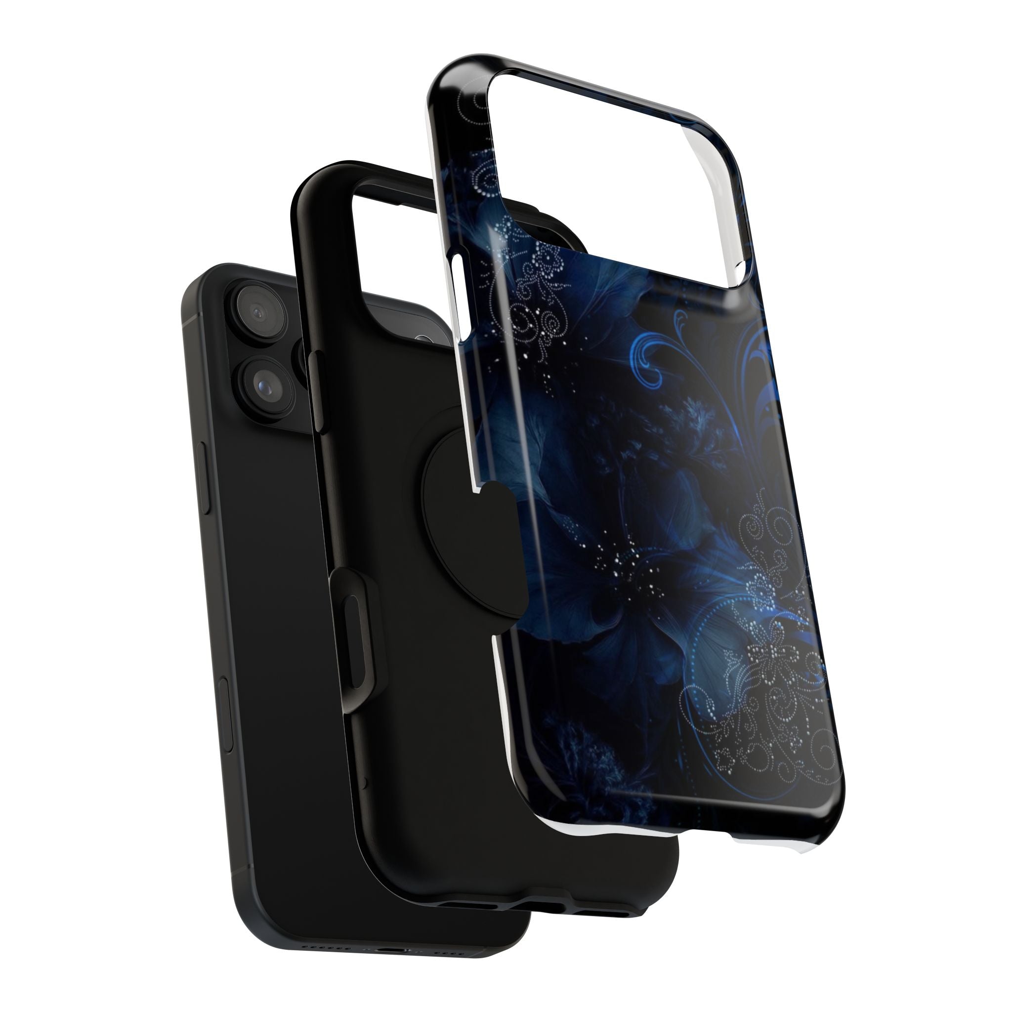 Y2K Dark Blue Glitter Floral Phone Case Impact-Resistant Cases