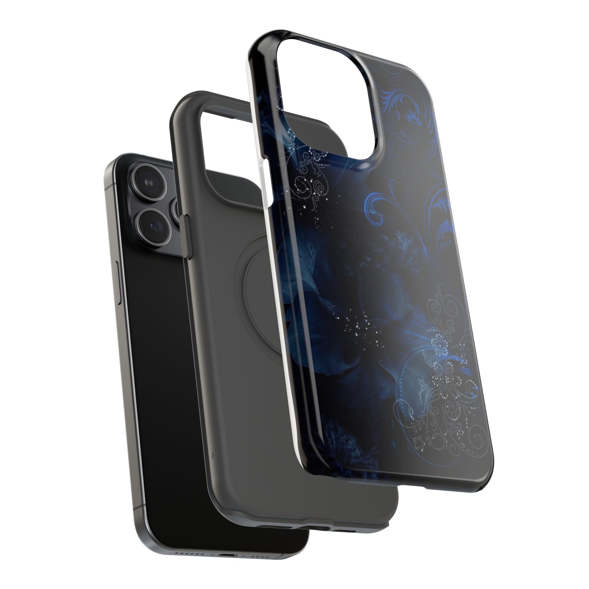 Y2K Dark Blue Glitter Floral Phone Case Impact-Resistant Cases