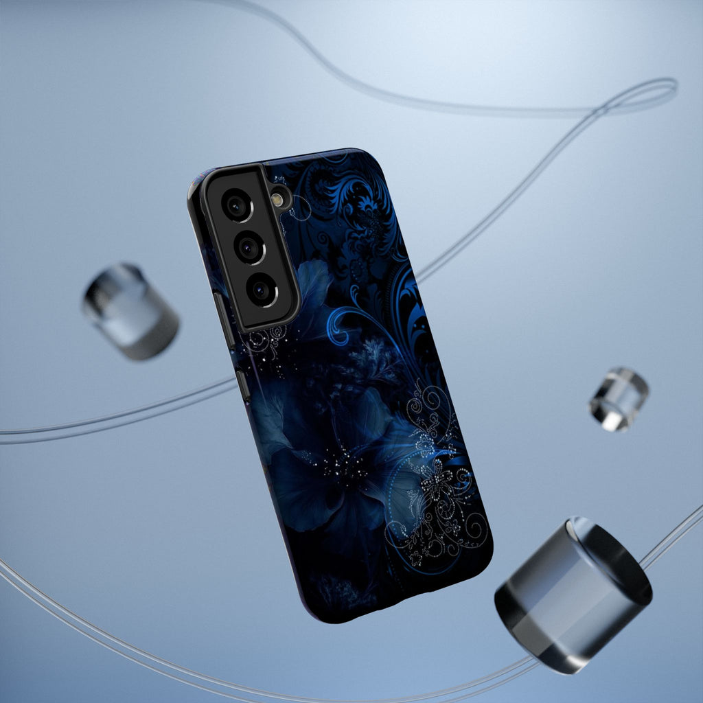 Y2K Dark Blue Glitter Floral Phone Case Impact-Resistant Cases