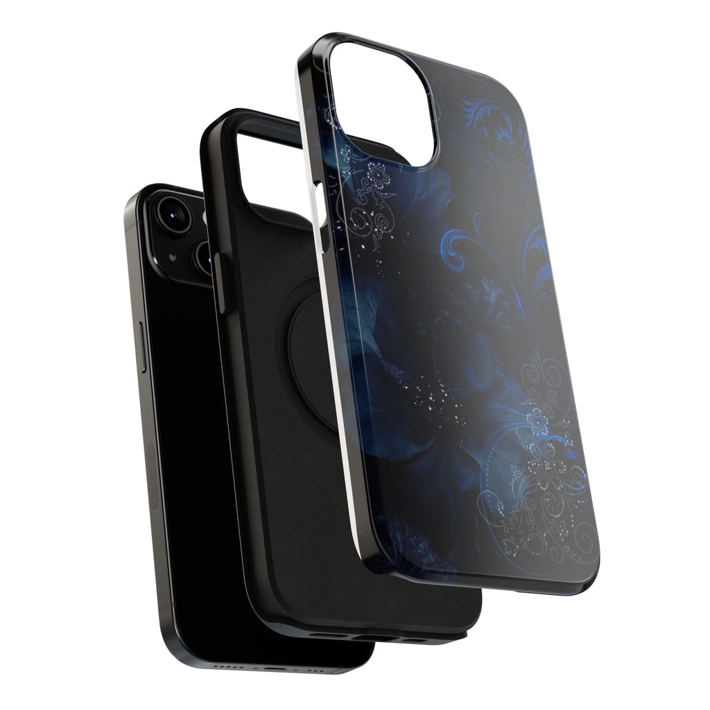 Y2K Dark Blue Glitter Floral Phone Case Impact-Resistant Cases