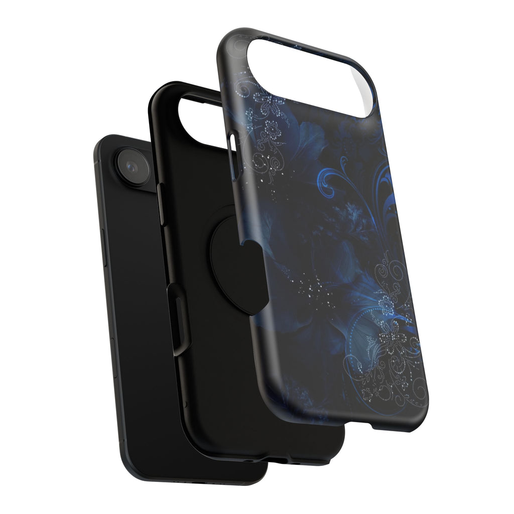 Y2K Dark Blue Glitter Floral Phone Case Impact-Resistant Cases