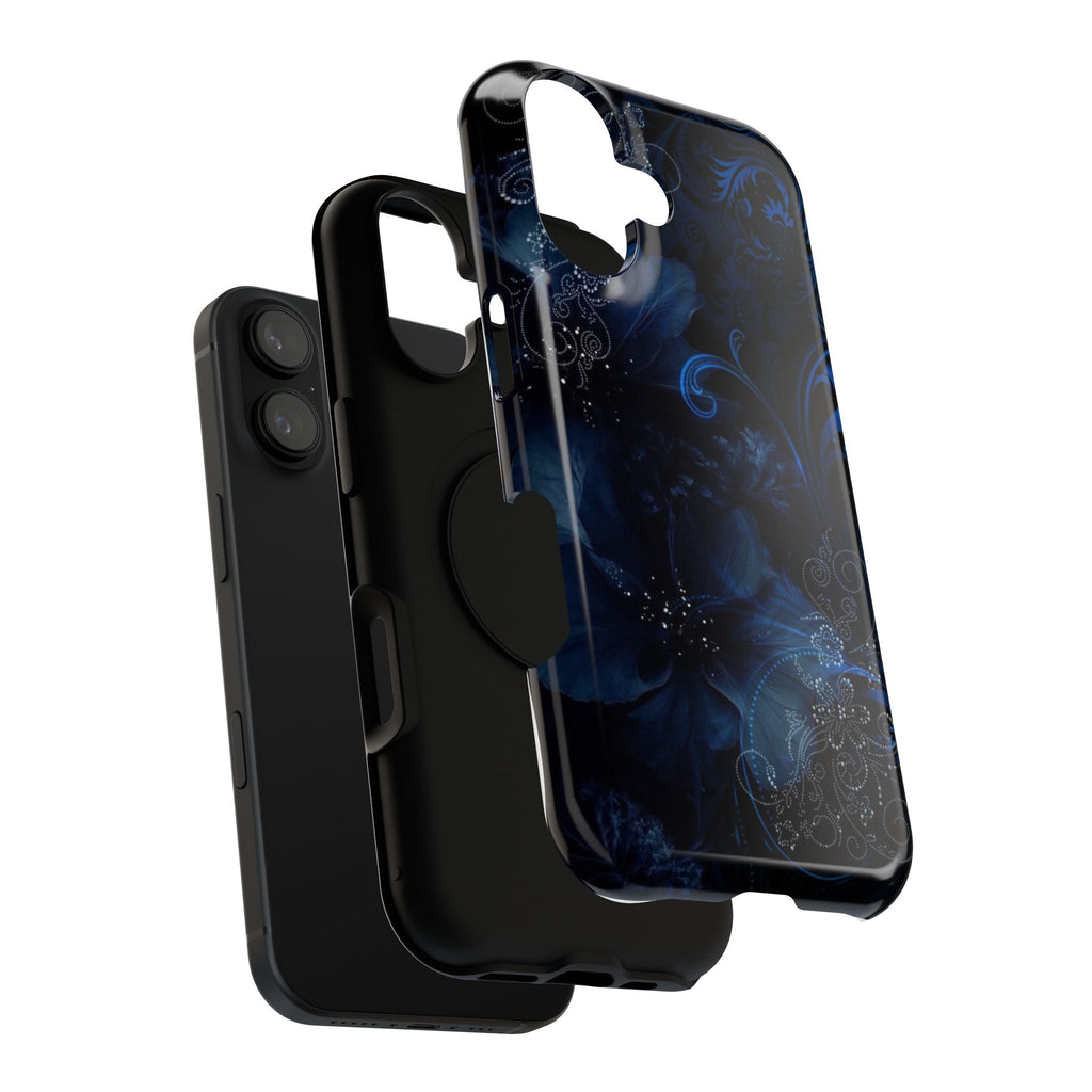 Y2K Dark Blue Glitter Floral Phone Case Impact-Resistant Cases