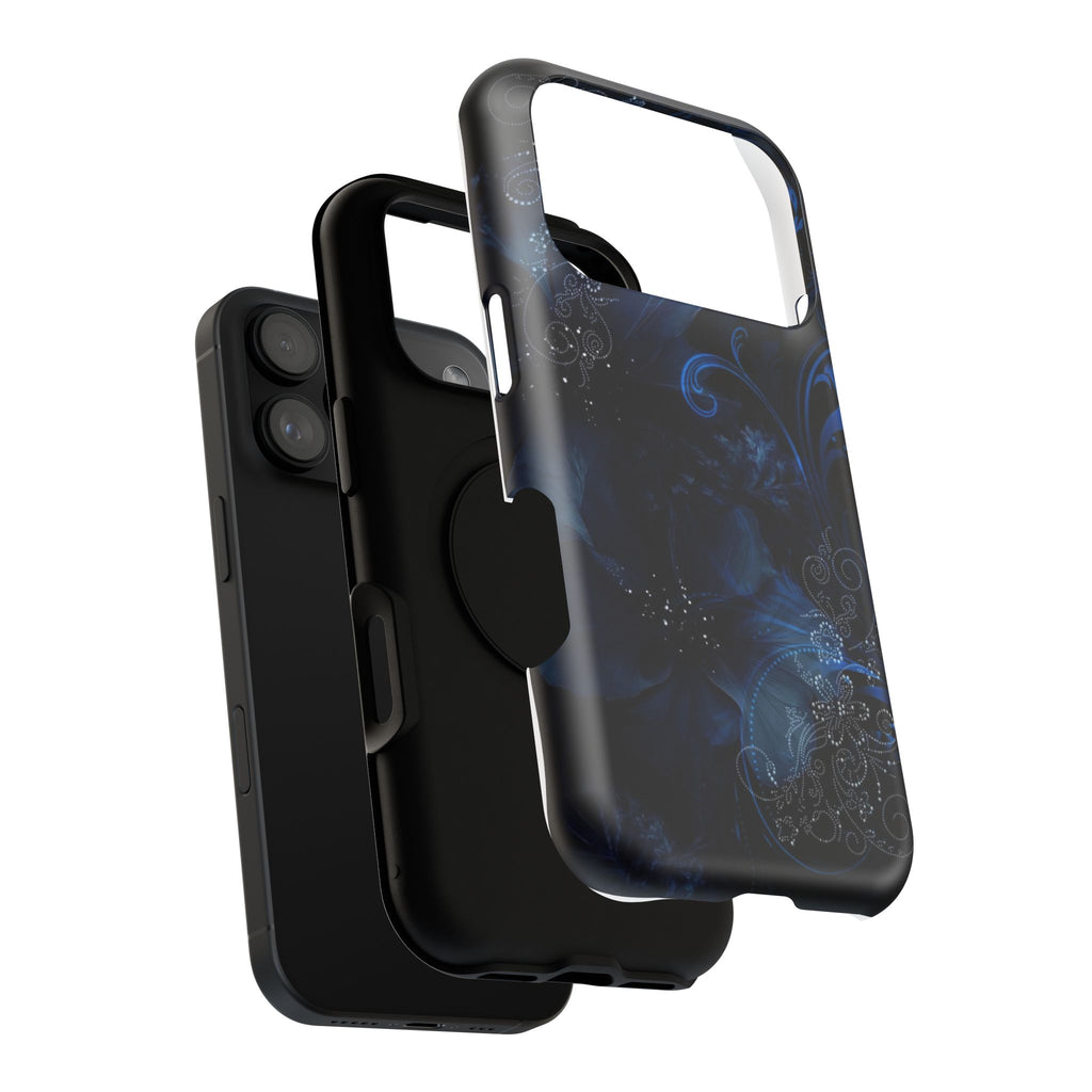 Y2K Dark Blue Glitter Floral Phone Case Impact-Resistant Cases