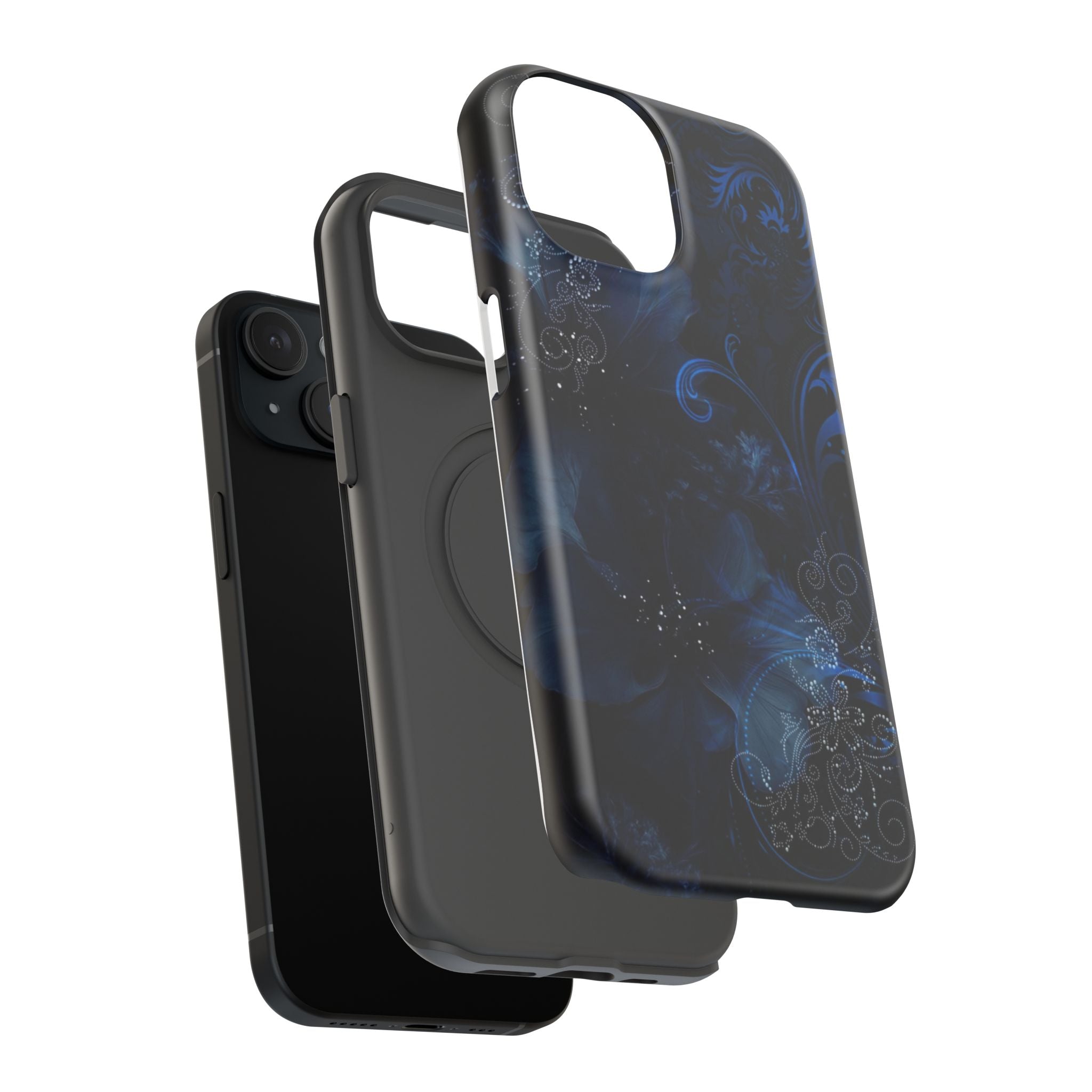 Y2K Dark Blue Glitter Floral Phone Case Impact-Resistant Cases
