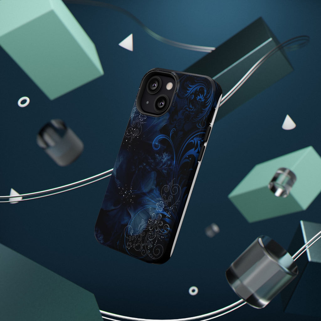 Y2K Dark Blue Glitter Floral Phone Case Impact-Resistant Cases