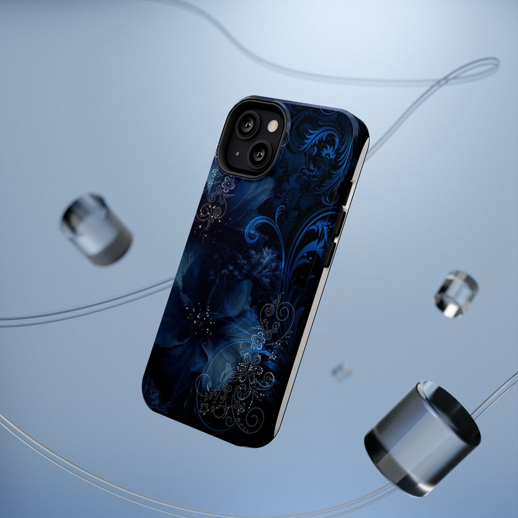 Y2K Dark Blue Glitter Floral Phone Case Impact-Resistant Cases