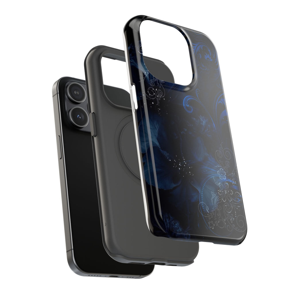 Y2K Dark Blue Glitter Floral Phone Case Impact-Resistant Cases