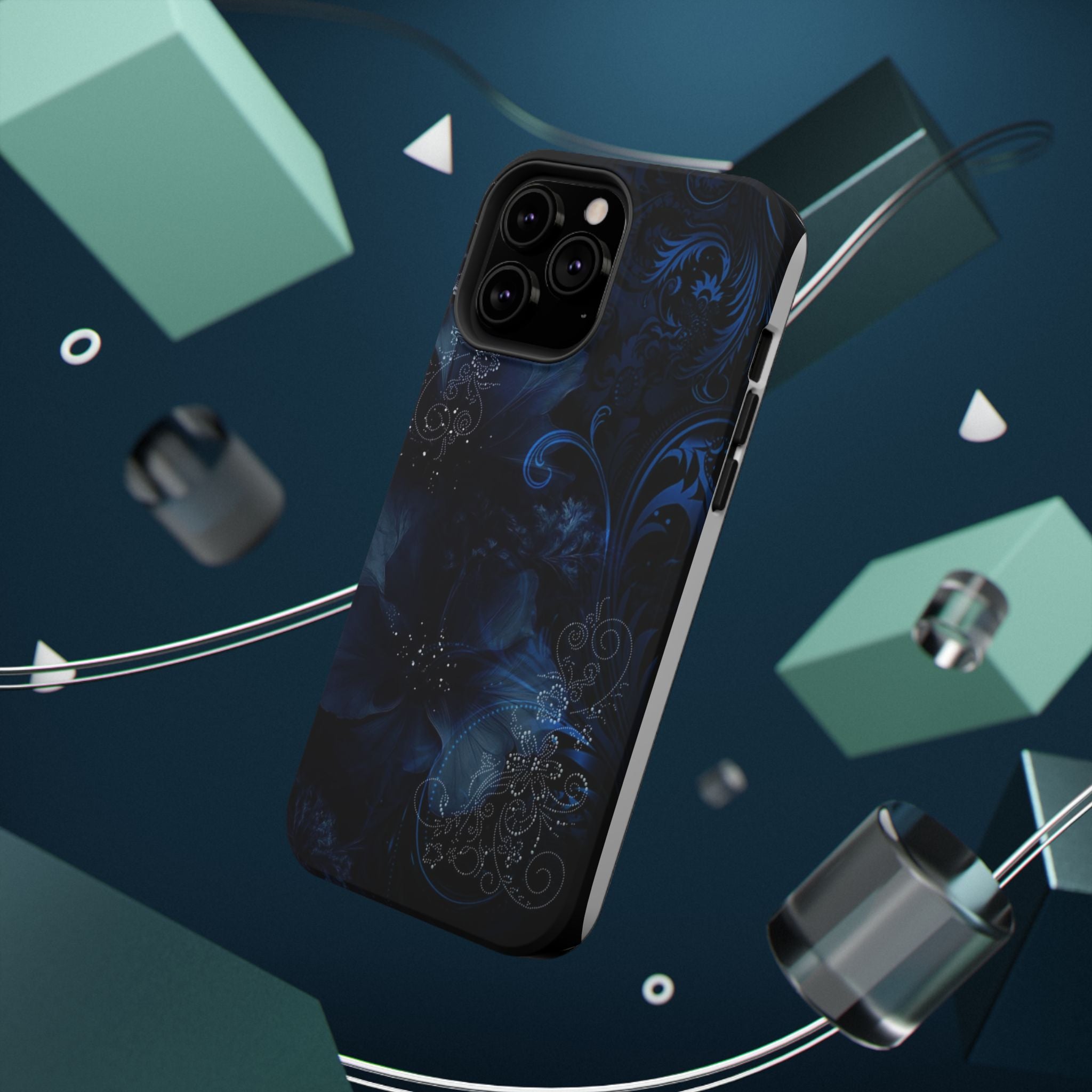 Y2K Dark Blue Glitter Floral Phone Case Impact-Resistant Cases
