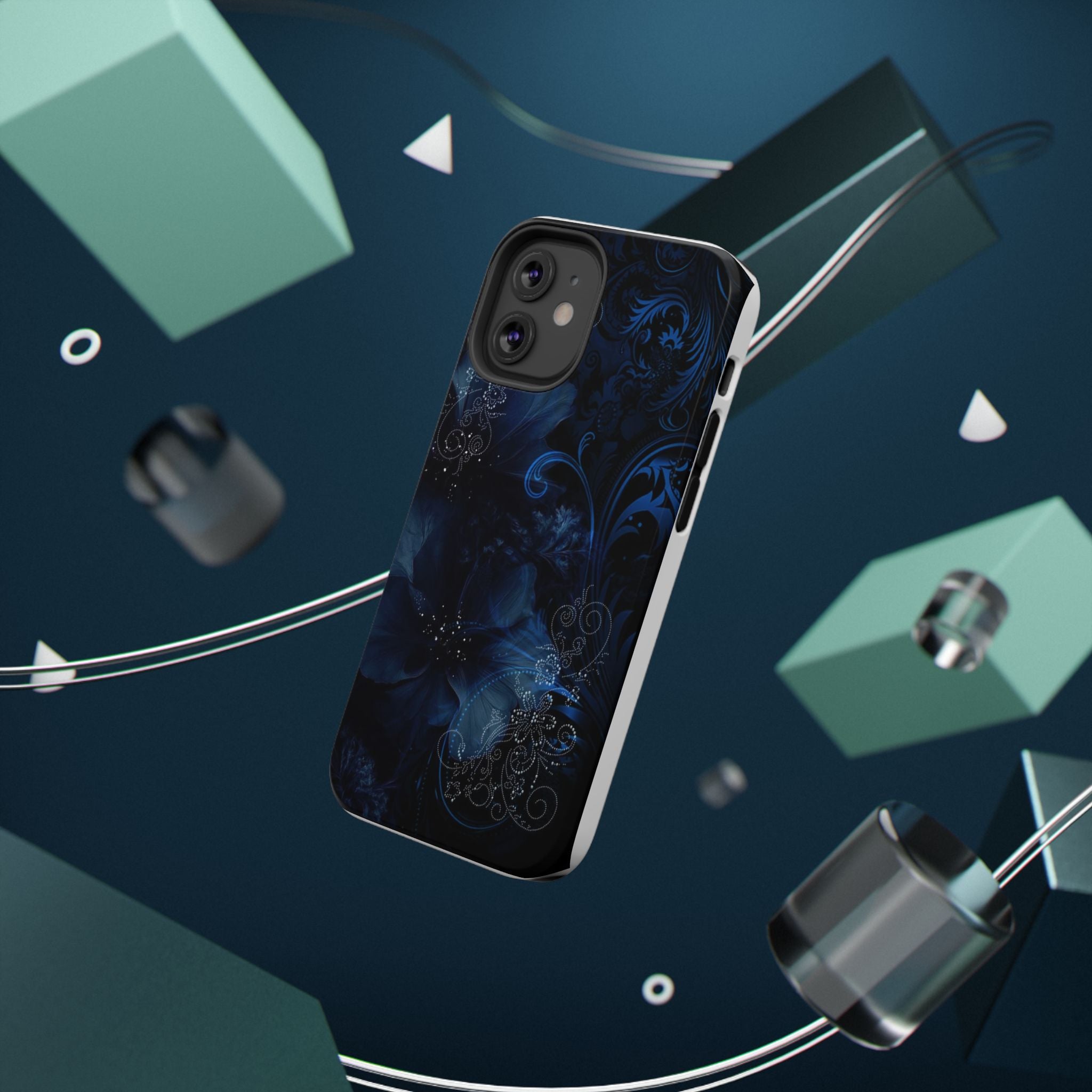 Y2K Dark Blue Glitter Floral Phone Case Impact-Resistant Cases