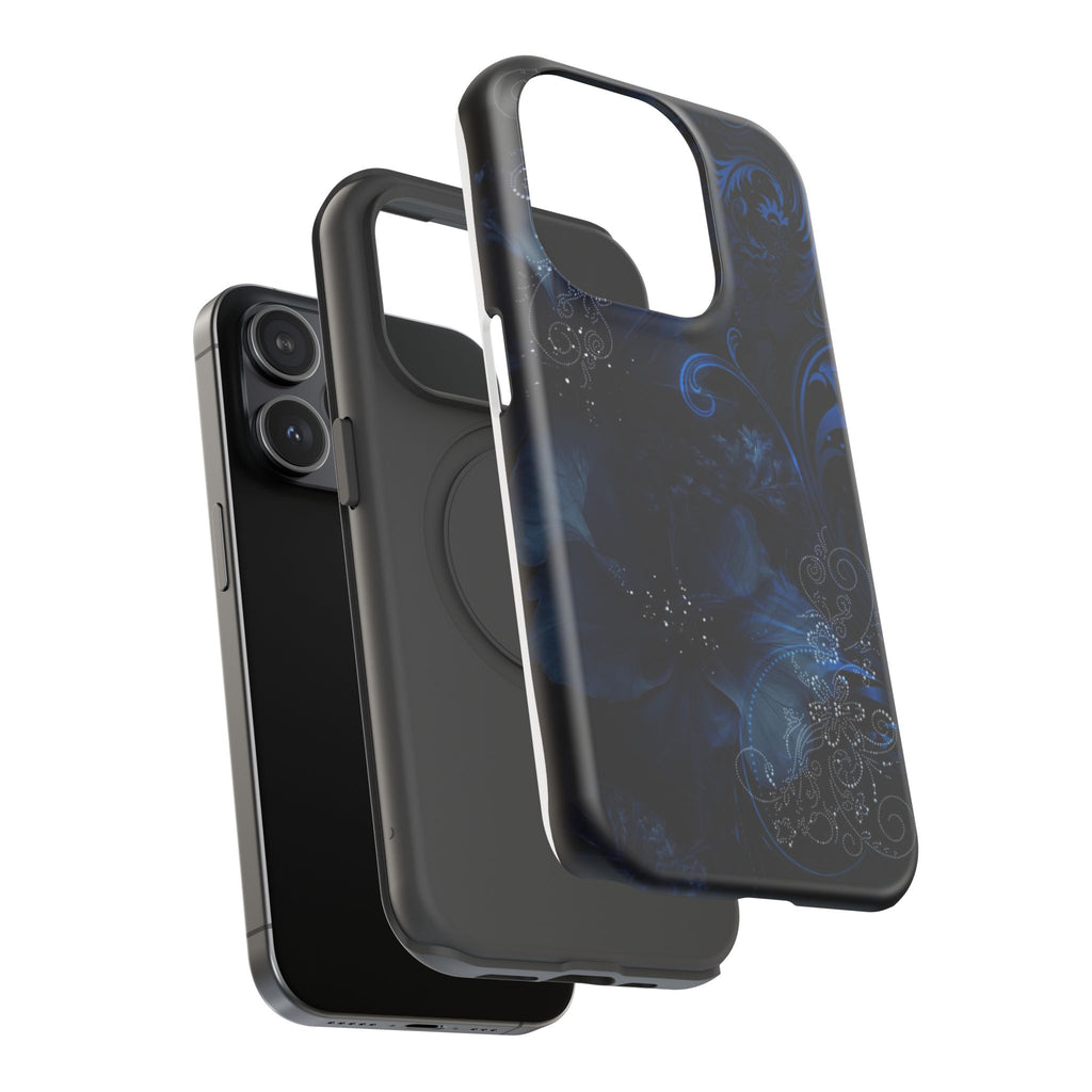 Y2K Dark Blue Glitter Floral Phone Case Impact-Resistant Cases