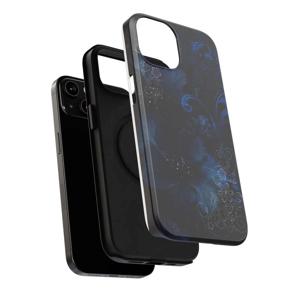 Y2K Dark Blue Glitter Floral Phone Case Impact-Resistant Cases