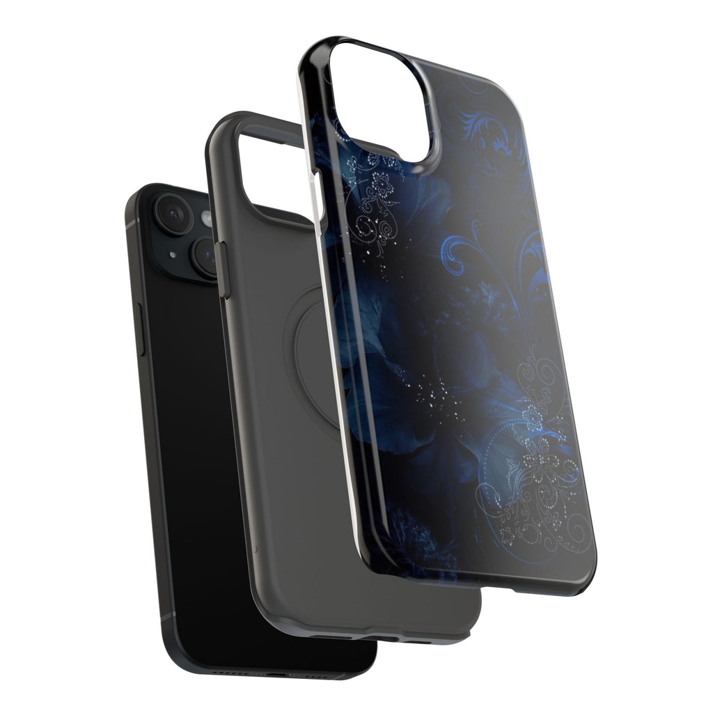 Y2K Dark Blue Glitter Floral Phone Case Impact-Resistant Cases