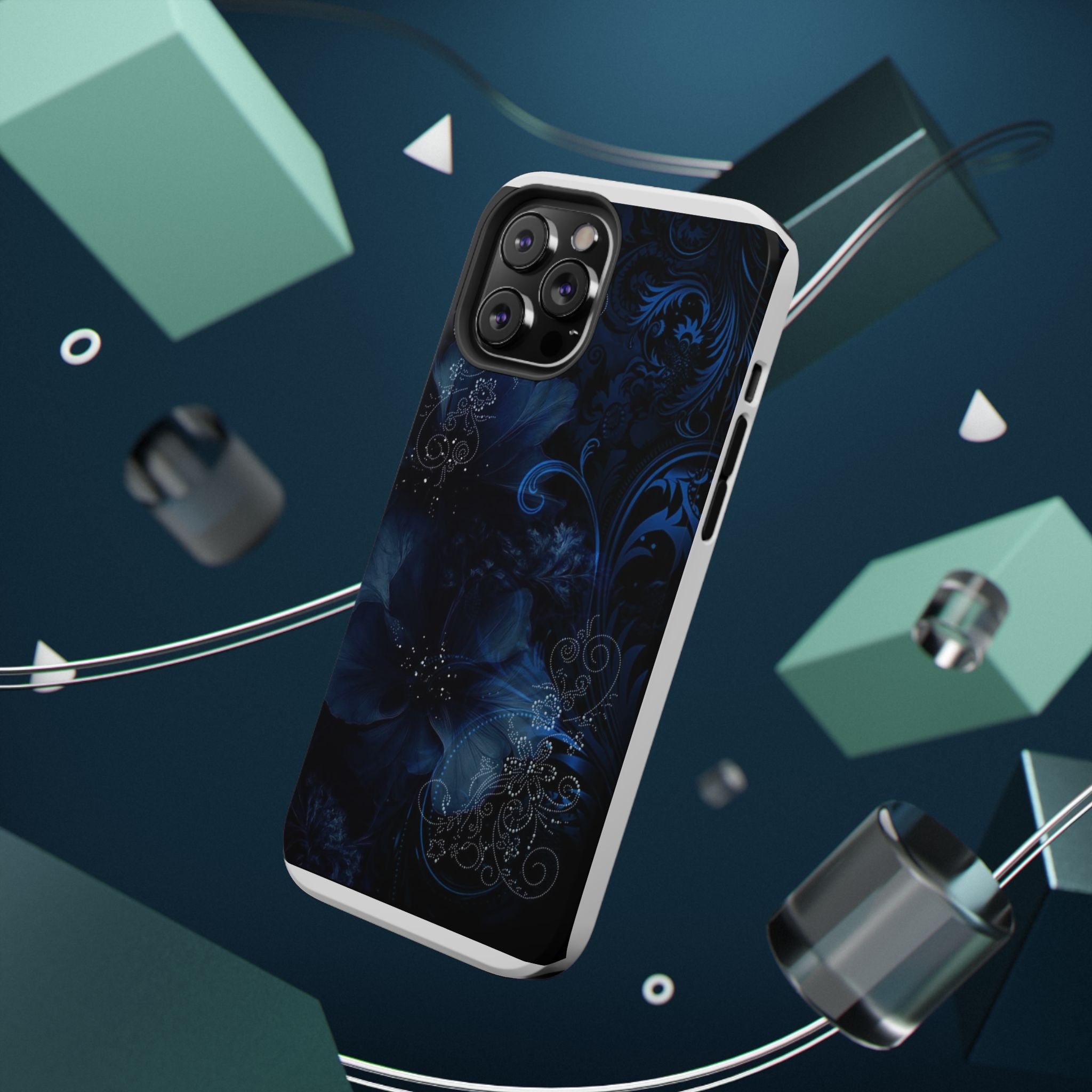 Y2K Dark Blue Glitter Floral Phone Case Impact-Resistant Cases