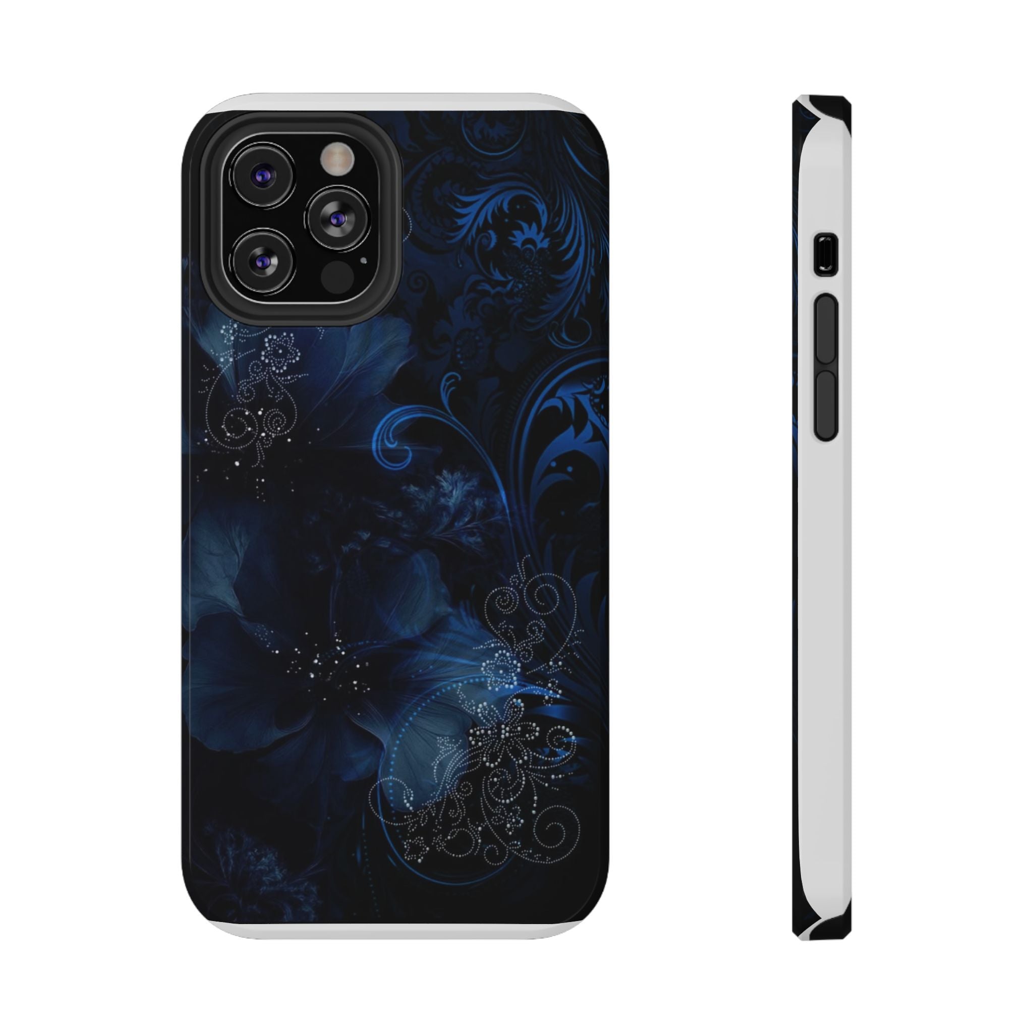 Y2K Dark Blue Glitter Floral Phone Case Impact-Resistant Cases