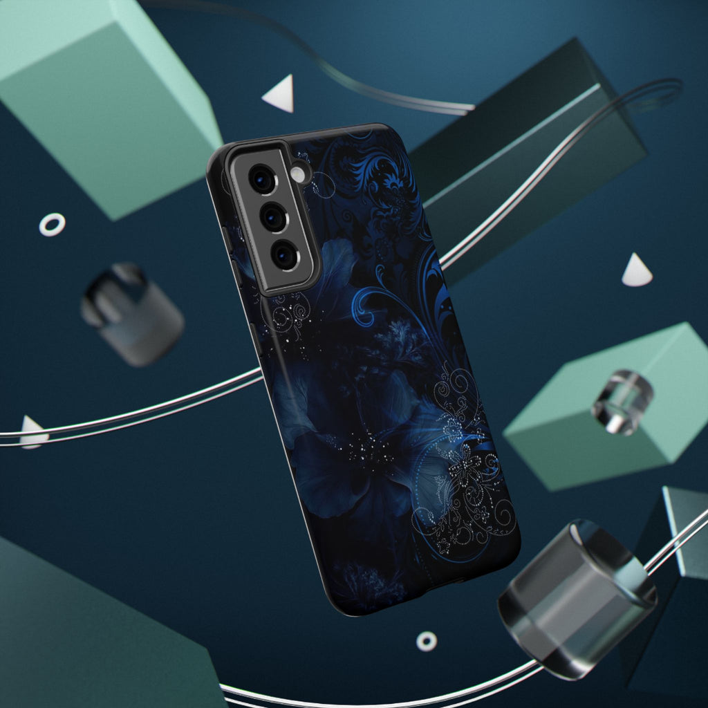 Y2K Dark Blue Glitter Floral Phone Case Impact-Resistant Cases
